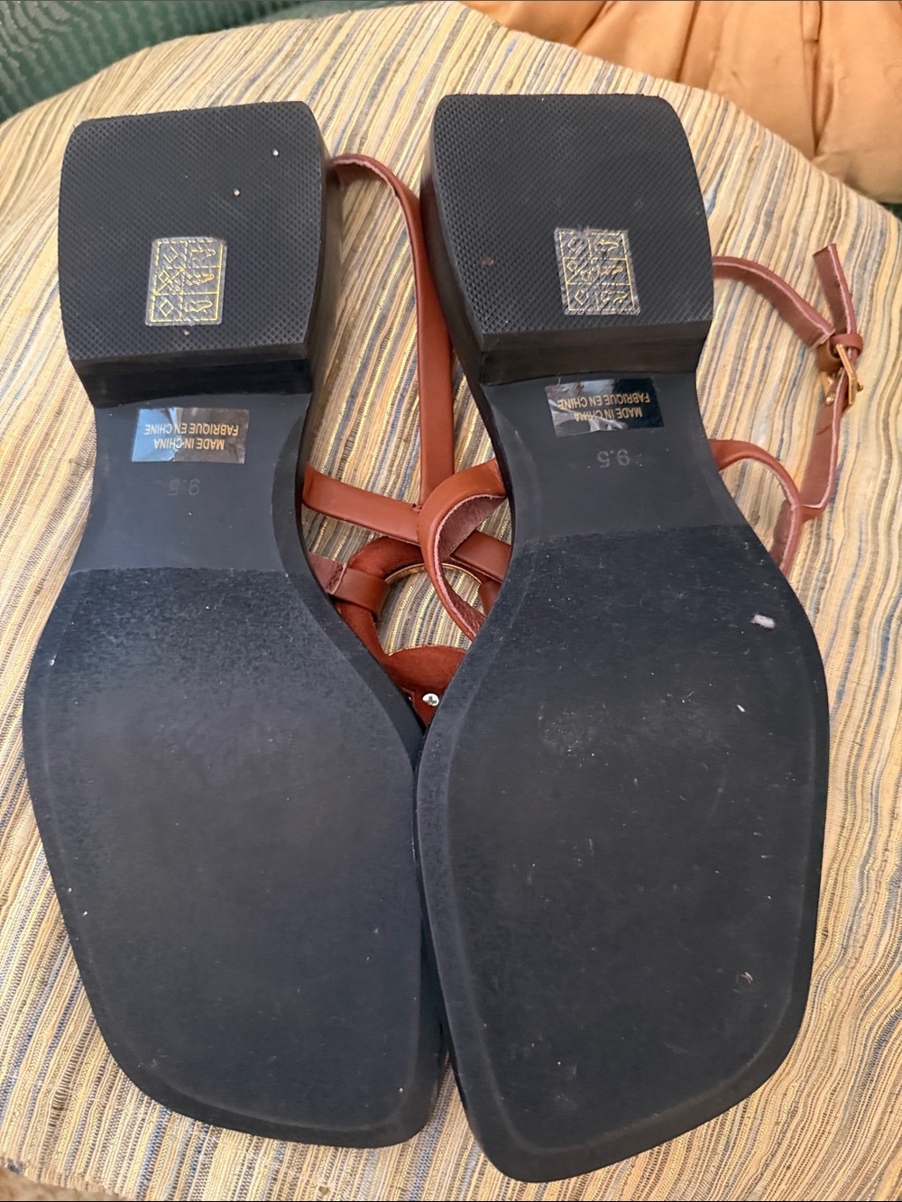 Jeffrey Campbell Brown Leather T-Strap Sandals with Gold Horsebit Accent - Picture 2 of 10